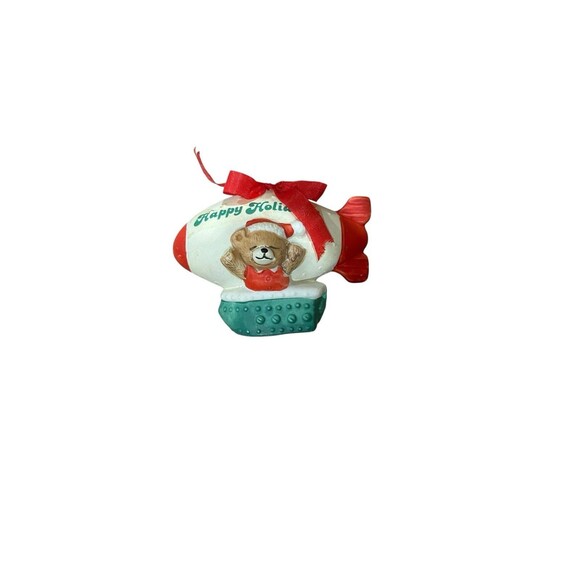 Vintage Christmas Ornament Blimp Teddy Bear Happy Holidays Red Green Retro Cute - Picture 11 of 14
